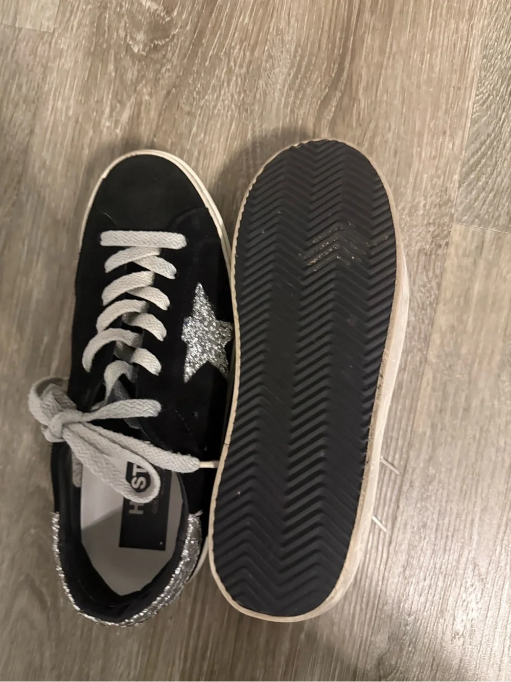 Golden Goose Hi Star Women’s Black Suede with Silver Glitter Star. Size 39